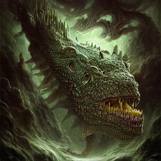 Image similar to a stunning detailed 3d matte portrait of a bulette with green stony carapace, male, standing in a maelstrom, by ellen jewett, by tomasz alen kopera, by Justin Gerard, ominous, magical realism, texture, gills, intricate, whirling smoke, alchemist bottles, radiant colors, fantasy, dungeons and dragons, dnd, volumetric lighting, high details