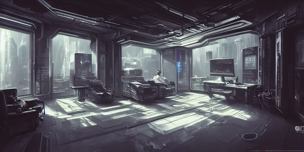 Image similar to ultra detailed photorealistic cyberpunk interior, cinematic light, sci fi, glossy, cybernetic machines, wires, office, robotics, futuristic decor, trending on artstation, global illumination, ultra realistic illustration, matte painting, high detailed, unreal engine, octane render, 4 k, hd, high quality