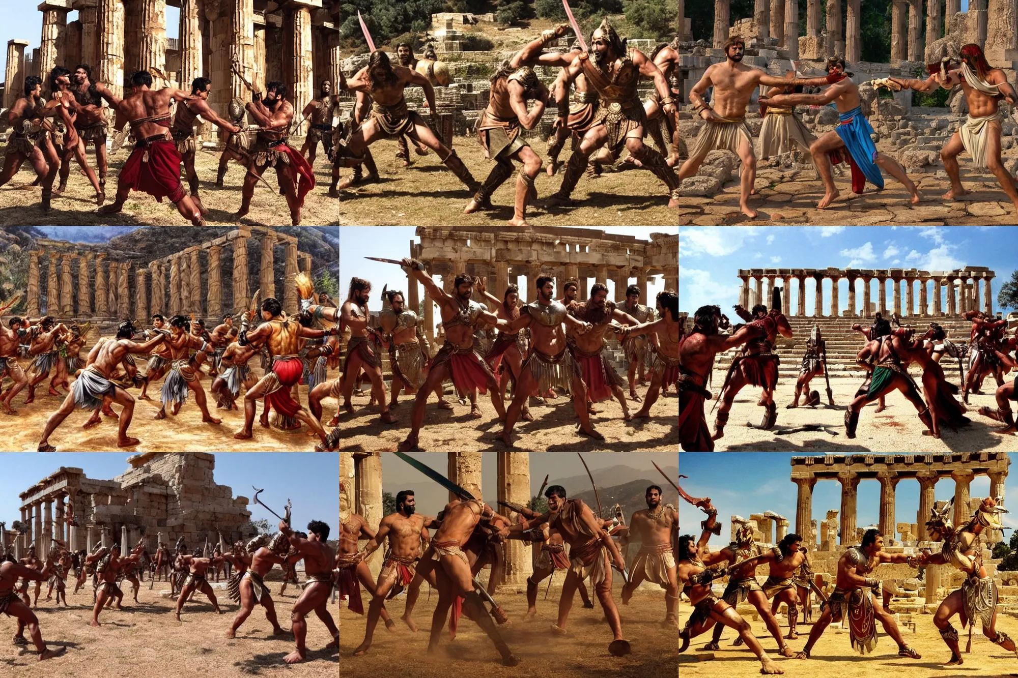 Prompt: spartans, fighting demons, outside ancient greek temple. bollywood fantasy action movie still.