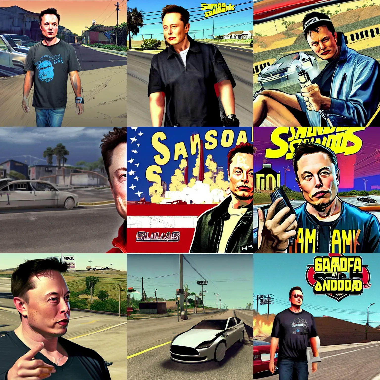 Prompt: Elon Musk on the cover of GTA San Andreas