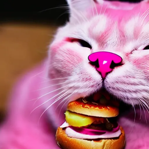 Prompt: photo of a pink cat, with a hamburger inside of it's mouth