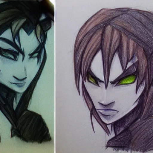 Prompt: before and after drawing of the same character side by side, colour pencil sketch, terrible art, original content do not steal, deviant art