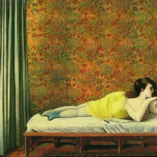 Prompt: a lonely girl in a liminal hotel room, baroque wallpaper, film still by kubrik, depicted by balthus, limited color palette, very intricate, art nouveau, highly detailed, lights by hopper, soft pastel colors, minimalist