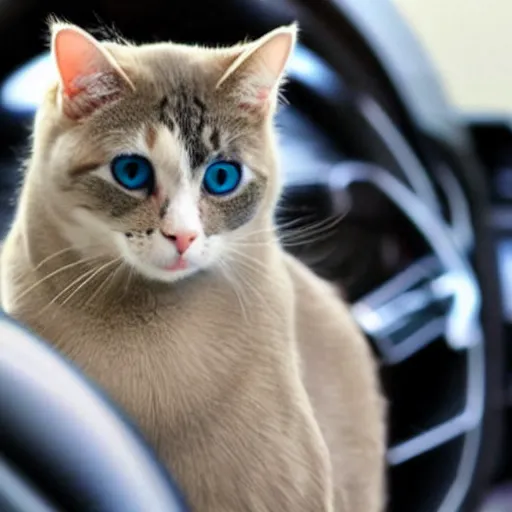 Image similar to a beautiful cat is driving a car