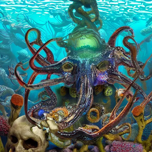 Image similar to octopus made out of evil skull with horns, beautiful underwater nature photograph with dynamic lighting and murky water