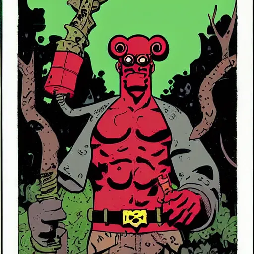 Prompt: hellboy comic book cover by mike mignola lumberjack in forest