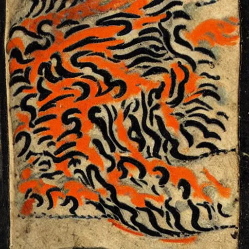 Image similar to bad drawn tiger made of smoke, lava and fire flying in the sky with many legs in a medieval manuscript, medieval manuscript, golden miniatures