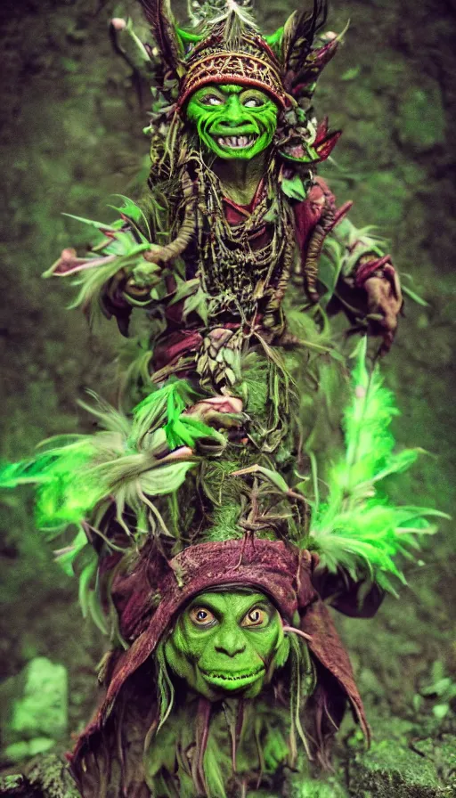 Prompt: An attractive goblin shaman with green skin, wearing an elaborate headdress with feathers and baubles. Arcane symbols, ancient ritual in a mossy cave