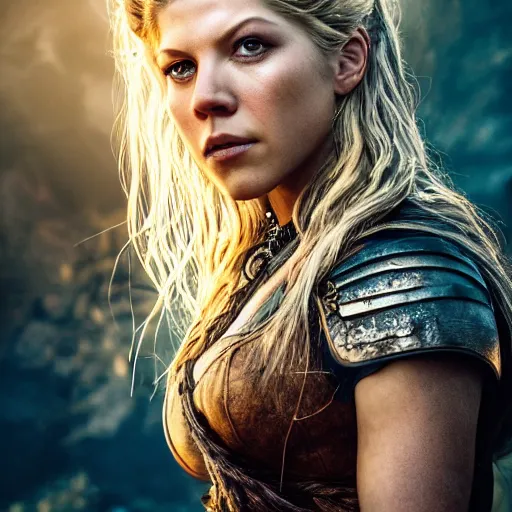 Image similar to portrait art of katheryn winnick, lagertha, vikings, 8 k ultra realistic, lens flare, atmosphere, glow, detailed, intricate, full of colour, cinematic lighting, trending on artstation, 4 k, hyperrealistic, focused, extreme details, unreal engine 5, cinematic, masterpiece