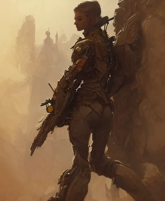 Prompt: concept art soldier full body, concentrated look at the camera, symmetry, d & d, fantasy, intricate, elegant, highly detailed, digital painting, artstation, concept art, art by artgerm and greg rutkowski and alphonse mucha, boris vallejo