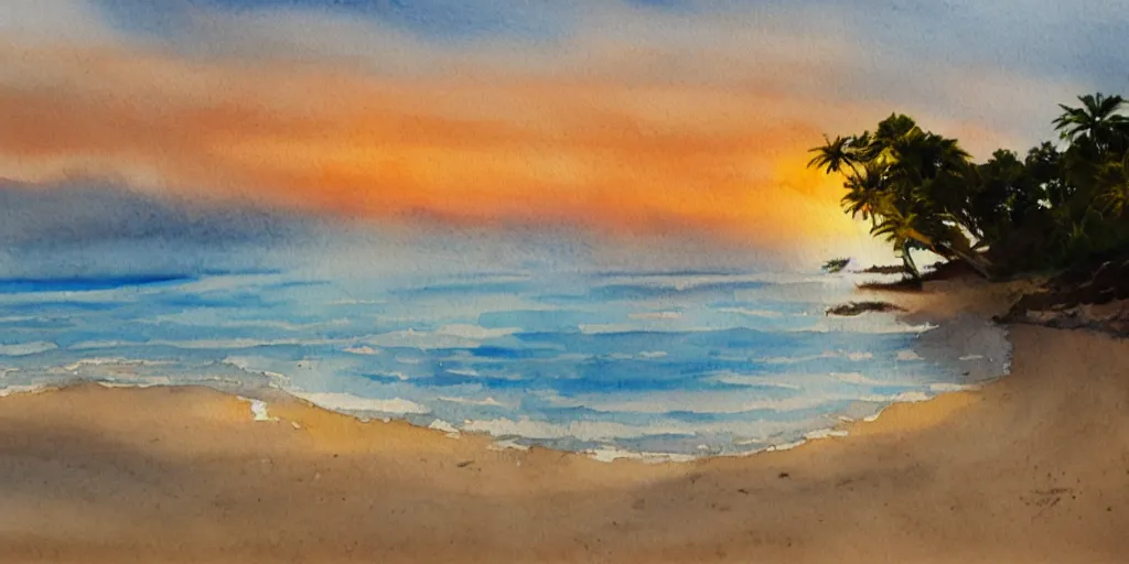 Image similar to tata beach, golden bay new zealand, abel tasman, amazing sunset watercolor painting, trending on artstation