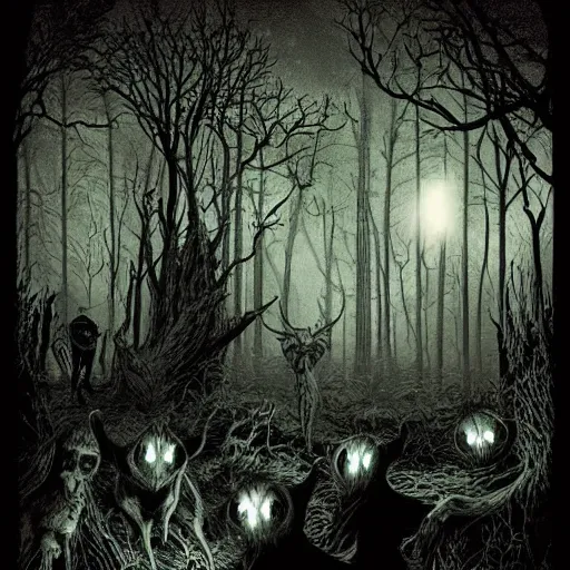 Prompt: Nightmare shadows with glowing eyes lurk in the forest, by Keith Thompson, spooky, dark, night
