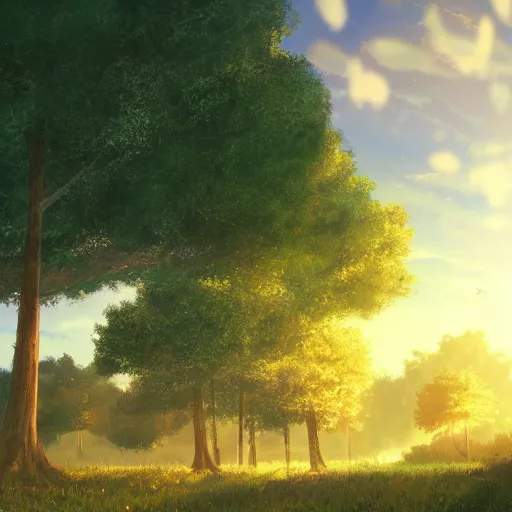 Image similar to golden hour, trees, nature, concept art, Makoto Shinkai, fabulous, 4K