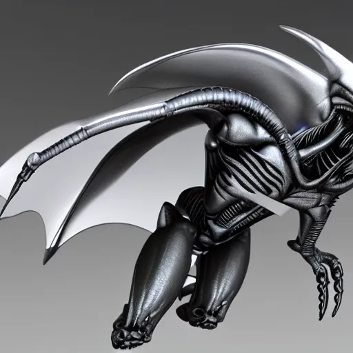 Image similar to 3d render of a xenomorphic bat, black chrome