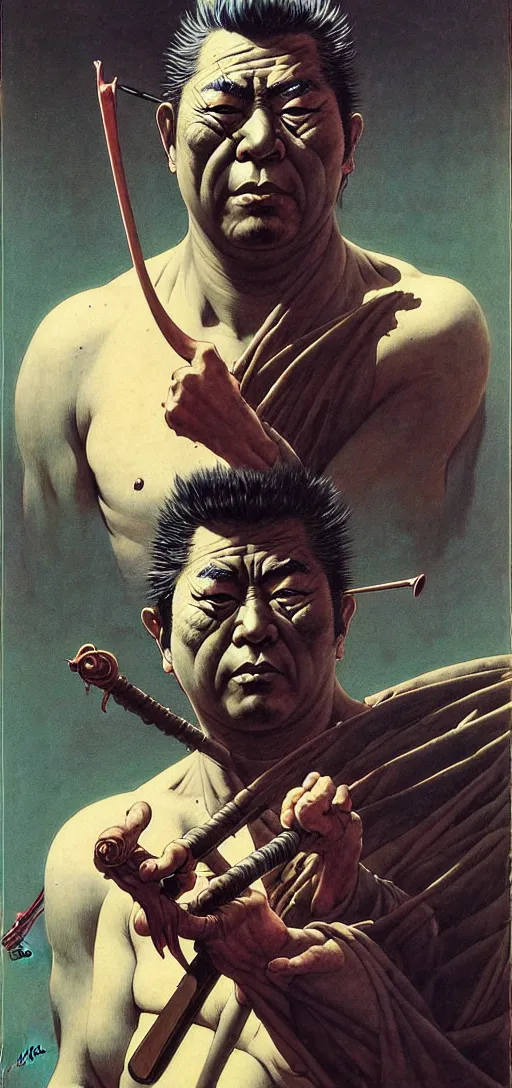 Image similar to portrait of zatoichi in the style of wayne barlowe, gustav moreau, peter mohrbacher, bussiere, roberto ferri, santiago caruso, luis ricardo falero, austin osman spare, boris vallejo, hajime sorayama