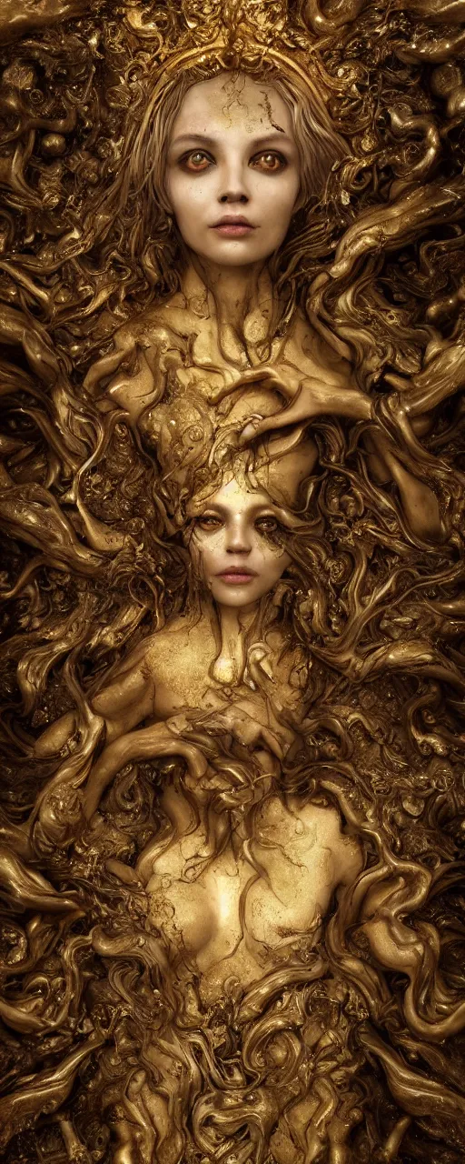 Image similar to portrait of a surreal goddess floating in the middle of a ancient wood, gold fluid simulation in the background, ultra super good realistic 3D render by Pete Morbacher and Emil Melmoth, insanely detailed, trending on artstation, sharp focus