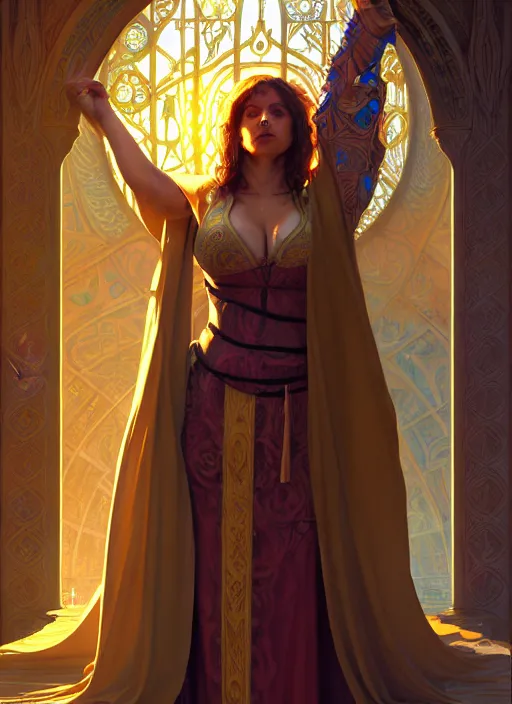 Image similar to portrait of a full body of curvy young female solarpunk priestess in byzantine robes, fantasy, flat lighting, intricate, highly detailed, digital painting, artstation, concept art, smooth, sharp focus, illustration, art by simon bisley and greg rutkowski and boris vallejo and alphonse mucha, natural tpose