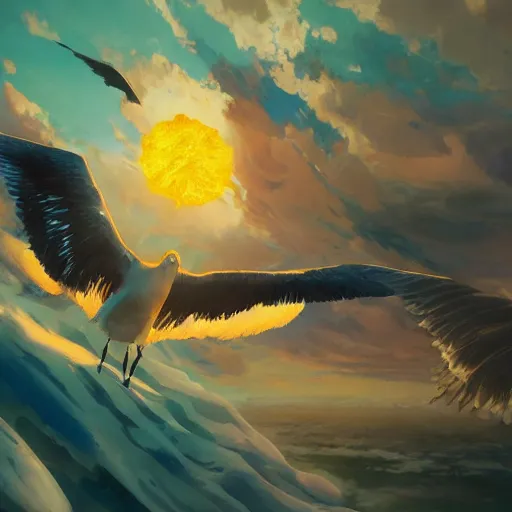 Prompt: melting waxen feathered wingspan outstretched wings of icarus the seagull under the boiling radiant solar orb that is the sun giotto valentin serov jim mahfood guillem h. pongiluppi 4k artstation