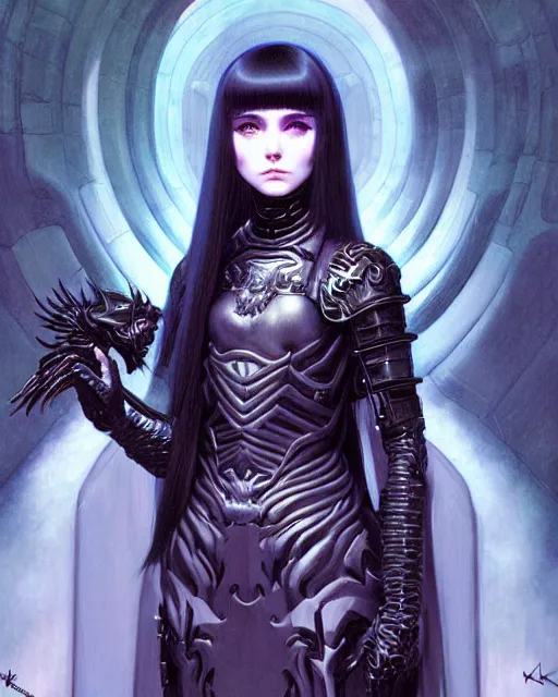 Image similar to portrait of beautiful cute young goth maiden girl with short white hairs in warhammer armor, art by ( ( ( kuvshinov ilya ) ) ) and wayne barlowe and gustav klimt and artgerm and wlop