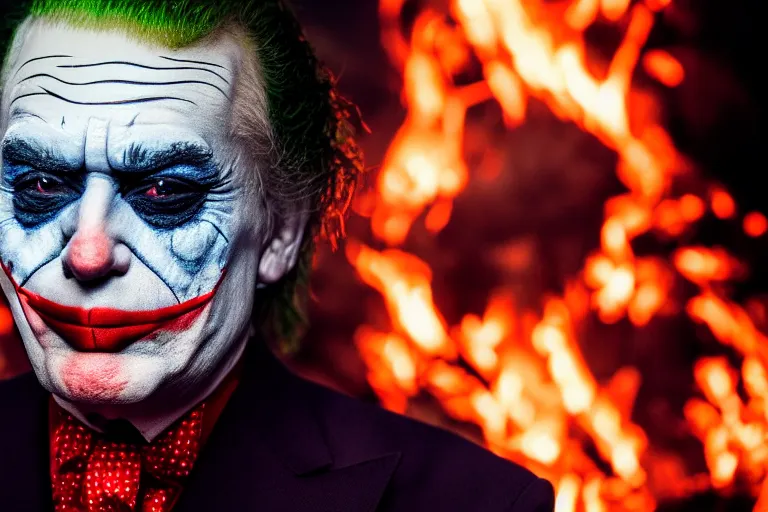 Image similar to donald trump wearing makeup like The Joker, standing in hell surrounded by fire and flames and bones and brimstone, portrait photography, depth of field, bokeh