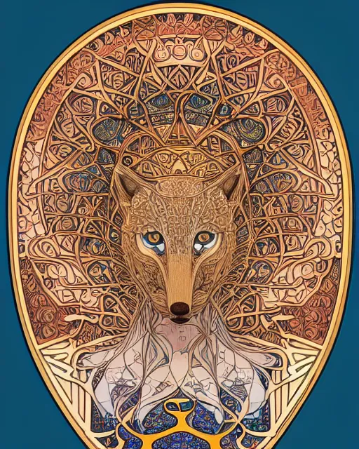 Image similar to fox carving art, cell shading, voronoi,fibonacci sequence, sacred geometry by Alphonse Mucha, Moebius, hiroshi yoshida, Art Nouveau, colorful, ultradetailed, 3d