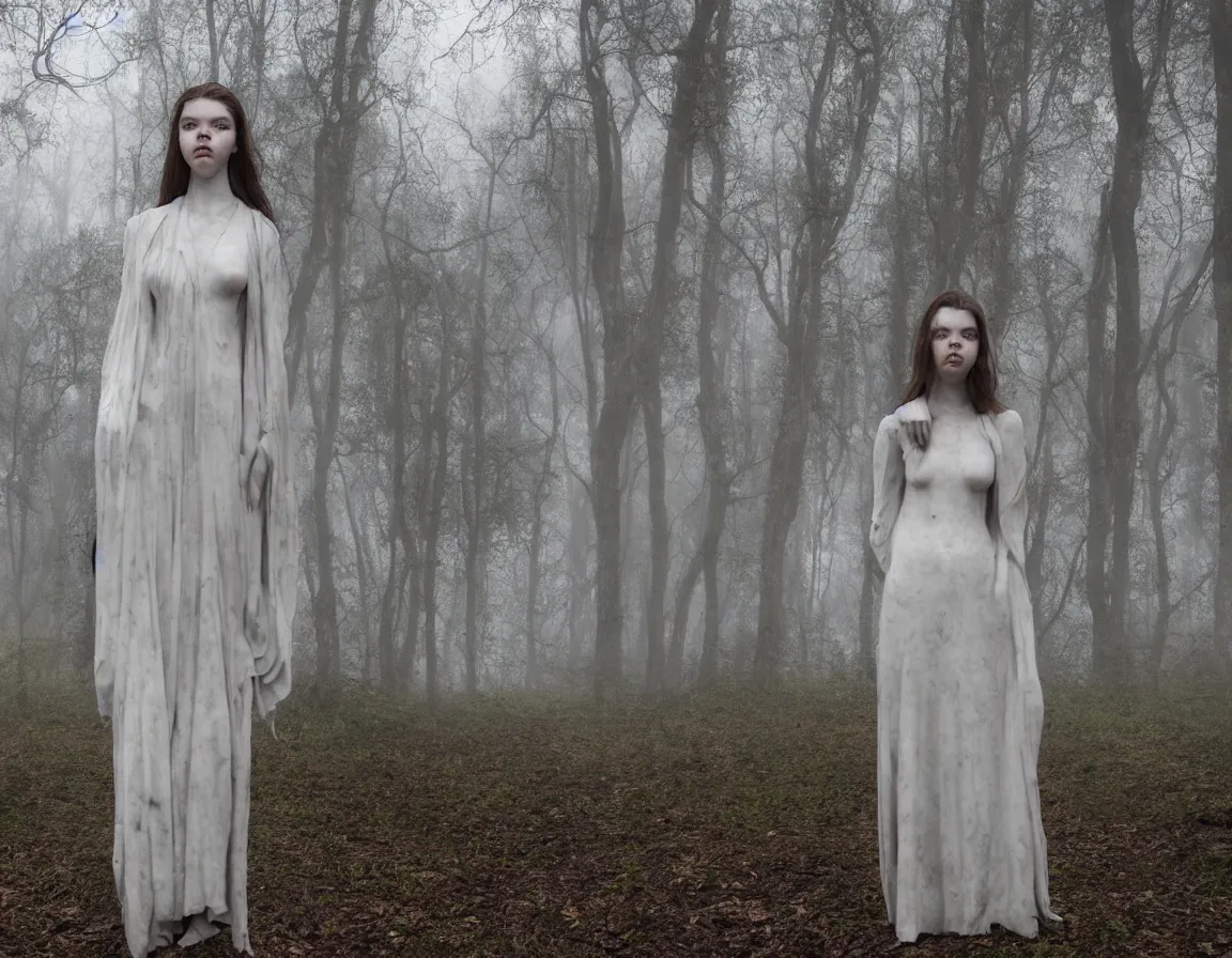 Prompt: hyper-realistic marble sculpture of anya taylor joy, foggy forest at dawn, abandoned, gloomy, full body portrait, photography