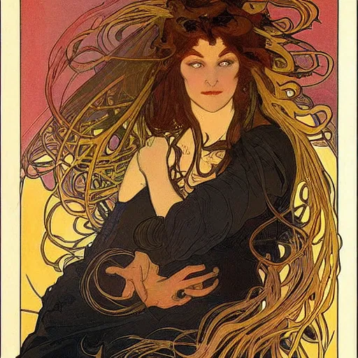 Prompt: detailed face portrait of a witch with fire rising out of her hair by Alphonse Mucha, , Art Nouveau, Neo-Gothic, rich deep moody colors