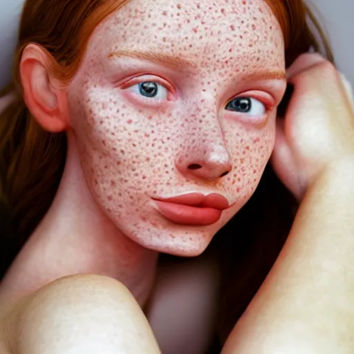 Image similar to portrait of a cute thin young woman, red blush, cute freckles wearing casual clothes, small smile, relaxing on a couch, cozy living room, close up shot, 8 k, art by ron mueck and irakli nadar, hyperrealism, hyperdetailed, ultra realistic