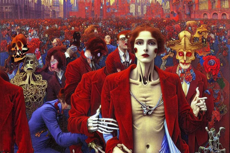 Image similar to realistic detailed portrait painting of a single skeleton wearing red velvet blazer in a crowded futuristic moscow street by Jean Delville, Amano, Yves Tanguy, Alphonse Mucha, Ernst Haeckel, Edward Robert Hughes, Roger Dean, rich moody colours, blue eyes