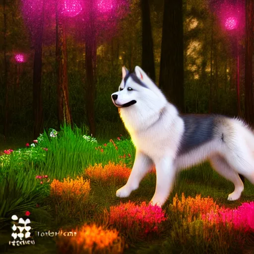 Prompt: alaskan malamute made of flowers playing in a bioluminescent forest at dusk, octane render, colorful, beautiful