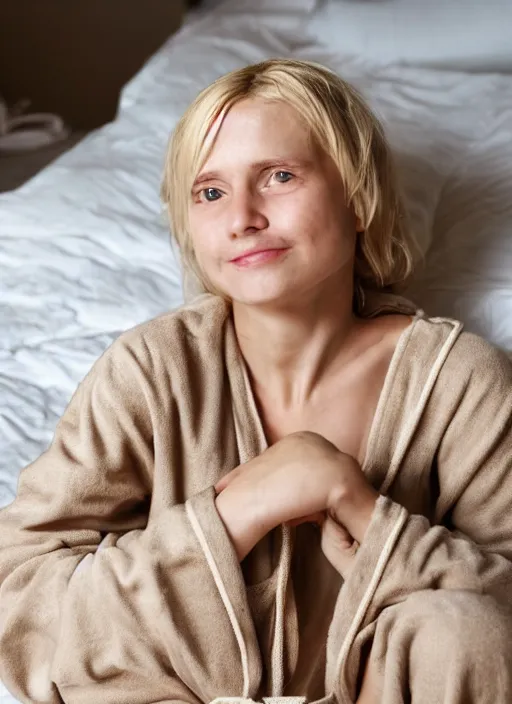 Image similar to homely but adorable blonde woman, underweight, deep scars across left cheek, wearyworn but optimistic expression, wearing beige pajamas and robes