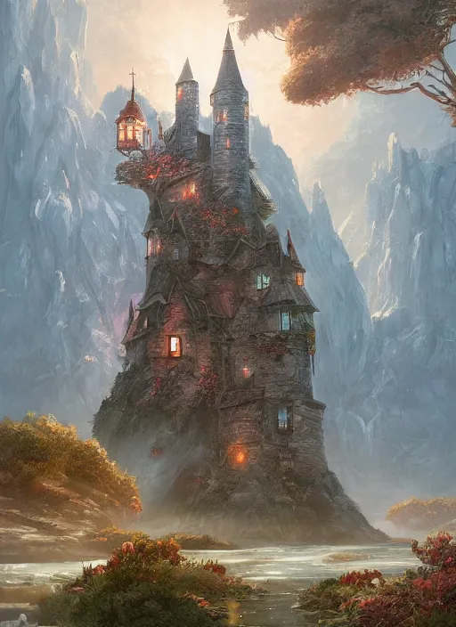 Prompt: A beautiful digital painting of a wizard's tower, crystal lake, lovely valley by Stanley Artgerm Lau, Rossdraws, James Jean, gerald brom, Andrei Riabovitchev, Marc Simonetti, and Sakimichan, trending on artstation