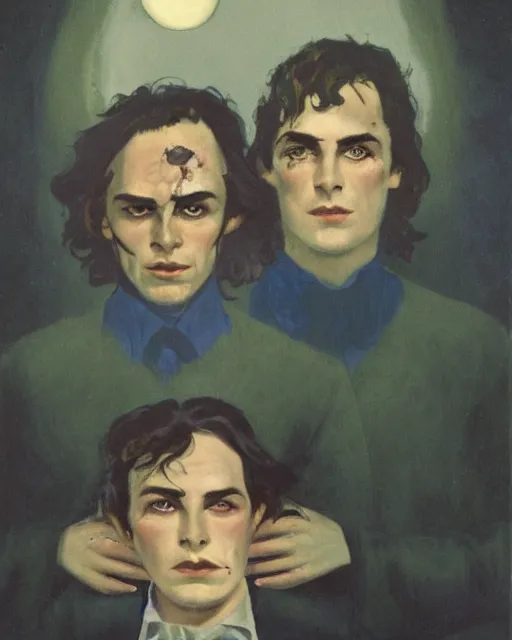 Image similar to two handsome but sinister young men wearing oxford shirts in layers of fear, with haunted eyes and wild hair, 1 9 7 0 s, seventies, wallpaper, a lot of blood, moonlight showing injuries, delicate embellishments, painterly, offset printing technique, by brom, robert henri, walter popp