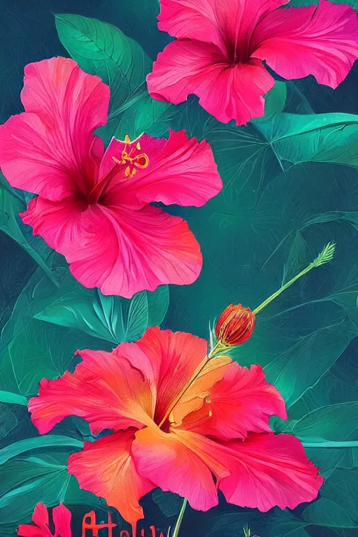 Prompt: beautiful digital matter cinematic painting of whimsical botanical illustration of hibiscus whimsical by greg rutkowki and alena aenami artstation