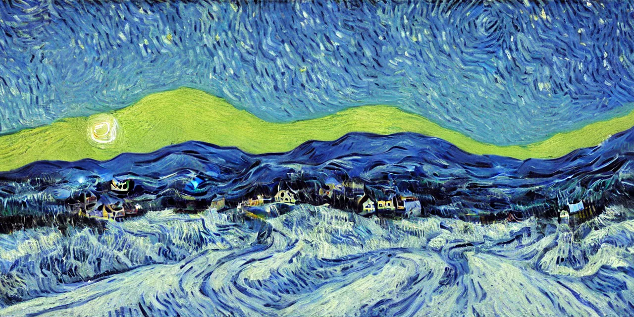 Image similar to thick impasto textured oil painting of the laurentian appalachian mountains in winter by vincent van gogh, unique, original and creative landscape, snowy night, distant town lights, aurora borealis, deers and ravens, footsteps in the snow, brilliant composition
