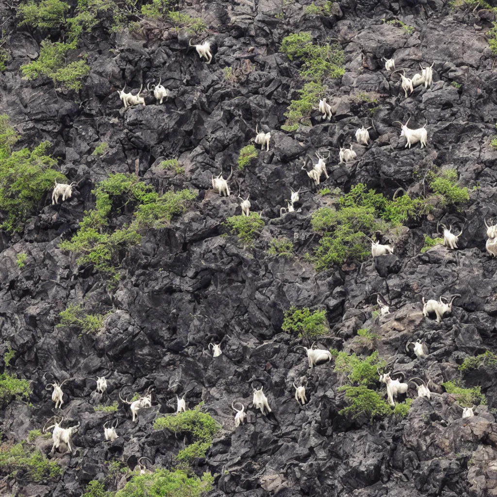 Prompt: satanic mountain goats on a sheer cliffside with lavaflow, lava waterfalls, dr. suess