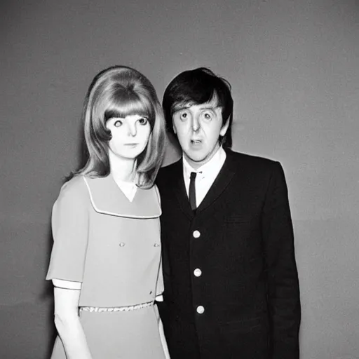 Prompt: A photo of Paul McCartney and Jane Asher, 1964