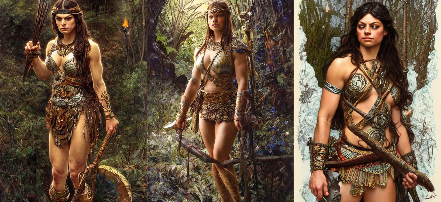 Prompt: epic muscled Mila Kunis as a beautiful warrior amazon woman walking out of a deep dark cave, snowy winter, fireflies, torches, 1960 fantasy, intricate, elegant, highly detailed, tasteful art by artgerm and donato giancola and alphonse mucha, WLOP