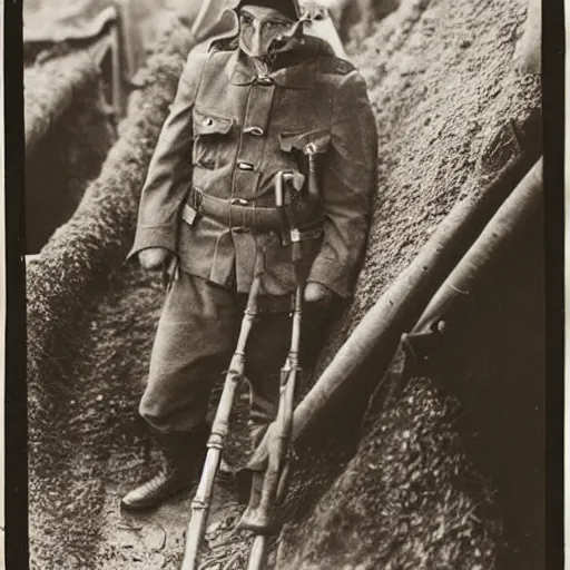 Image similar to anthropomorphic fox man dressed as a soldier in a trench, 1920s film scene