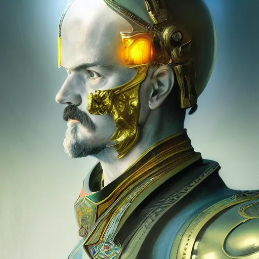 Image similar to masterpiece head - on symmetrical centered painted portrait, lenin as a holy warrior, holy light halo, glorious, wearing full metal armour, elegant, distant, in the style of ruan jia and artgerm and edgar maxence and ross tran and michael whelan and mucha, 8 k, octane render