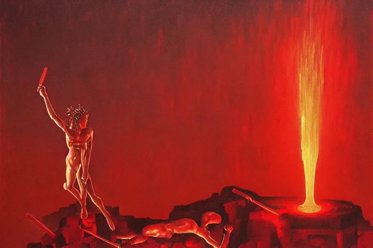 Image similar to only with red, a red melted apollo with a laurel wreath and a flaming sword announce win, athens in background, in the style of beksinski, parts by edward hopper, parts by rodcenko, parts by yue minjun, intricate and epic composition, red by caravaggio, insanely quality, highly detailed, masterpiece, red light, artstation, 4 k