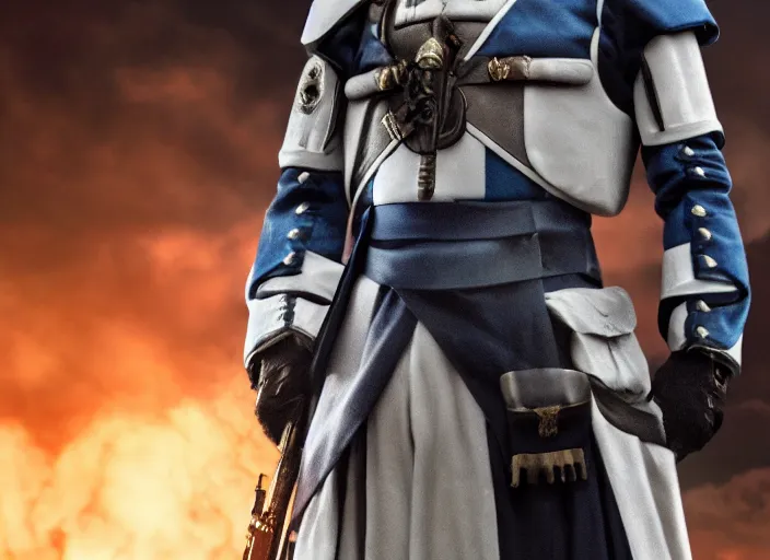 Image similar to menacing general wearing a white imperial general uniform, his skin is blue, ultra realistic, 4 k, movie still, uhd, sharp, detailed, cinematic, render, modern