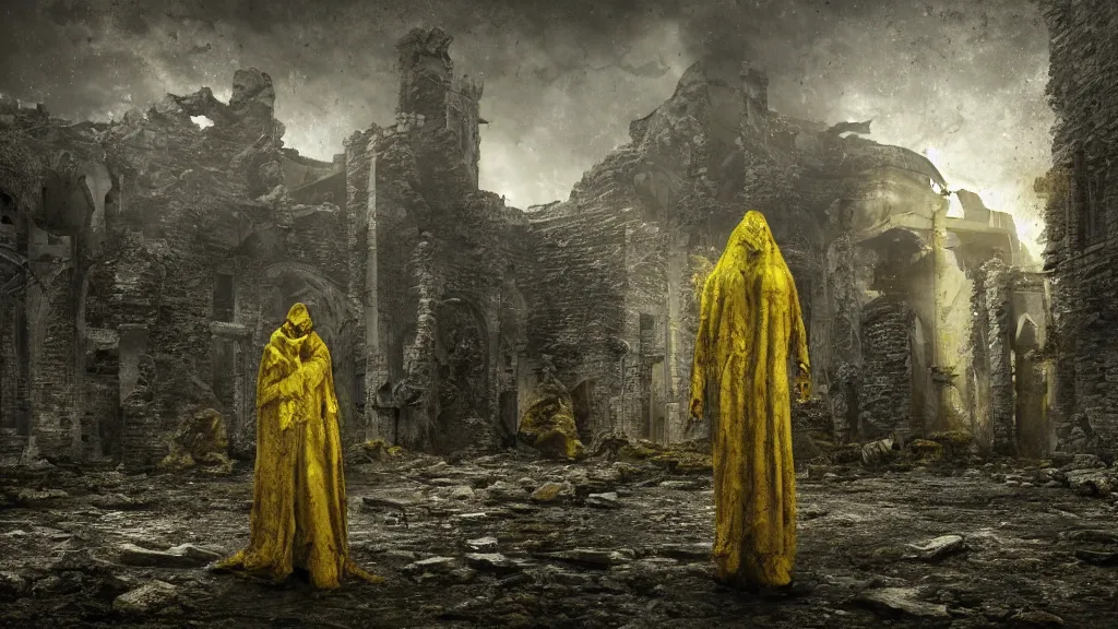 Image similar to King in yellow in middle of a ruins, horror, eldritch, 8K, concept art, DSLR, filmic, HDR, hyperrealism, Unreal Engine, volumetric lighting, Darkart