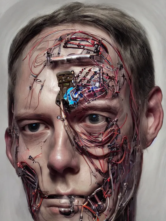 Image similar to cybernetic implants on face, metal jaw, usb port on forehead, portrait by jenny saville