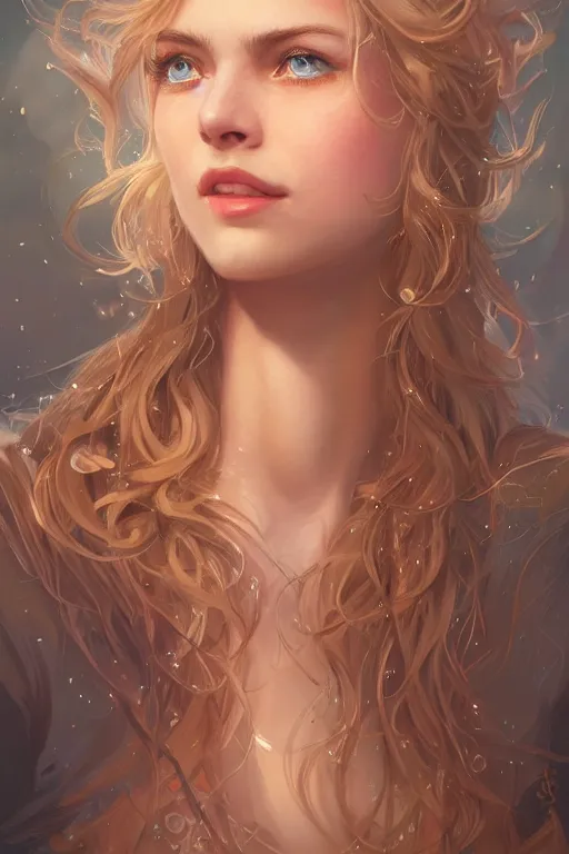 Image similar to an insanely detailed portrait of a beautiful woman facing you in the park, highly detailed features, sparkling blue eyes, long eyelashes, long golden blonde hair, beautiful smile, in the style of peter mohrbacher, artgerm, dramatic lighting and composition, octane render, trending on artstation, concept art 8 k
