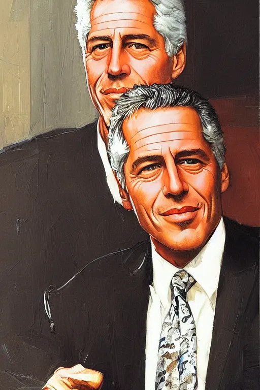 Image similar to jeffrey epstein and bill clinton, painting by jc leyendecker!! phil hale!, angular, brush strokes, painterly, vintage, crisp