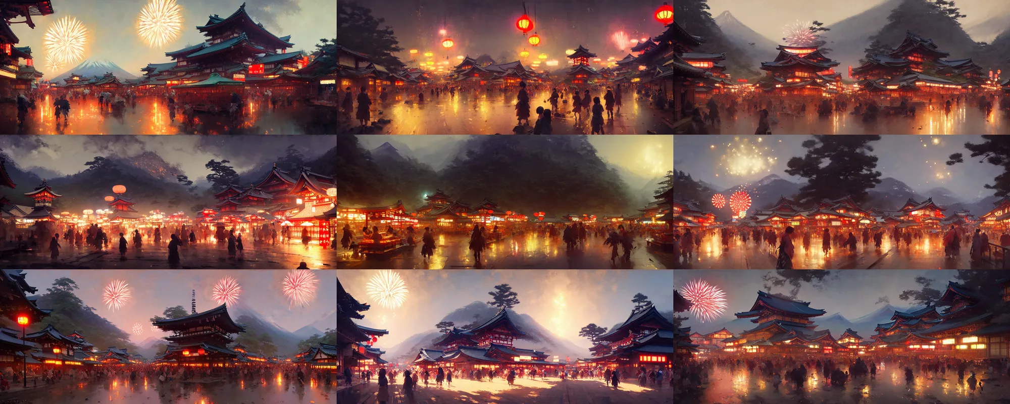 Prompt: japanese mountain countryside small town, amusement stalls, summer festival night, fireworks, illustration, highly detailed, digital painting, concept art, matte, art by ruan jia and wlop and greg rutkowski and makoto shinkai, masterpiece