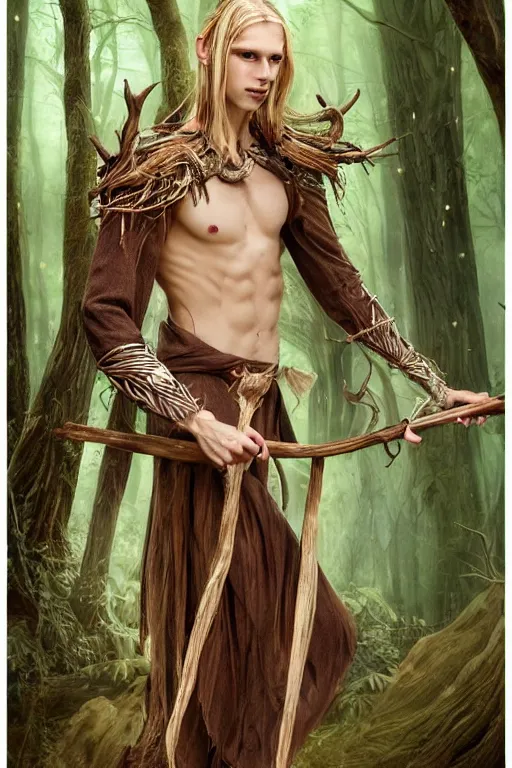 Image similar to A tall slim male wood elf druid posing with a bow in a mystical forest, portrait, long blonde hair, fungi, glowing, wooden armor, magical, fantasy, medieval, highly detailed, dynamic lighting, cinematic, dramatic, sharp focus, focus on face, masterpiece, trending on artstation, concept art, digital painting, still, photo, photograph, in the style of Heilung
