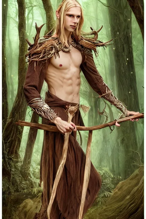 Prompt: A tall slim male wood elf druid posing with a bow in a mystical forest, portrait, long blonde hair, fungi, glowing, wooden armor, magical, fantasy, medieval, highly detailed, dynamic lighting, cinematic, dramatic, sharp focus, focus on face, masterpiece, trending on artstation, concept art, digital painting, still, photo, photograph, in the style of Heilung