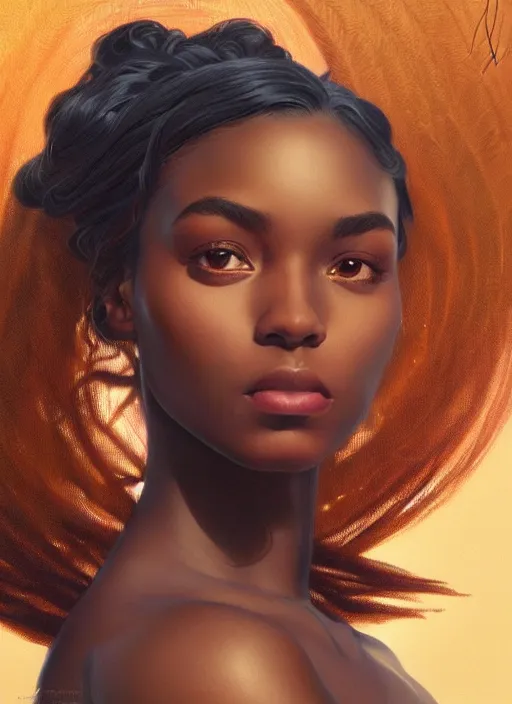 Image similar to portrait of a stunningly beautiful young black woman, highly detailed, digital painting, artstation, concept art, sharp focus, illustration, art by artgerm and greg rutkowski and alphonse mucha, incredibly beautiful and symmetrical face, incredibly detailed, award winning art, royal